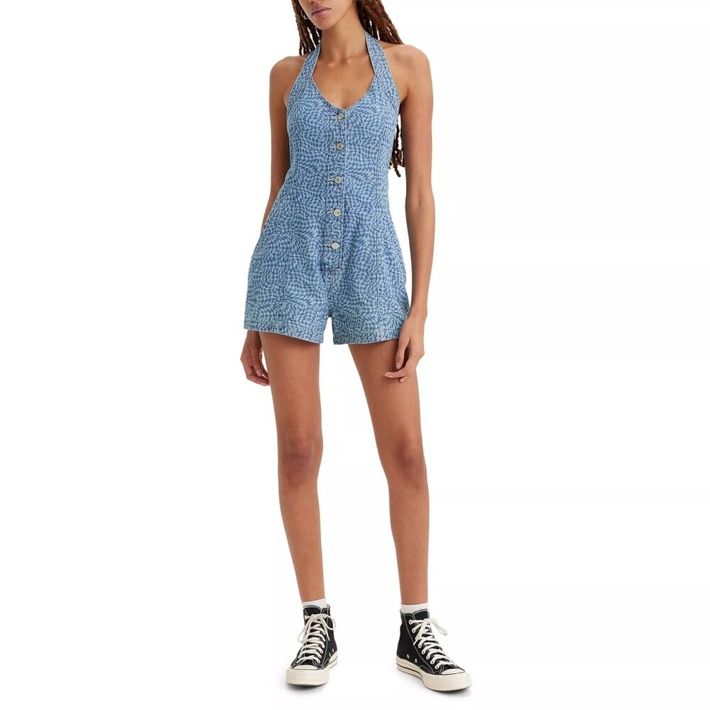LEVI'S Faris Printed Denim Halter Romper‎ Size XL